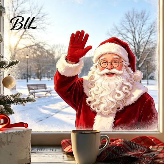 Santa Claus Decorations Christmas Static Window Clings, Waving Stickers, No?Glue Removable Decorative Gifts Glass Decal for Balcony Home Shop