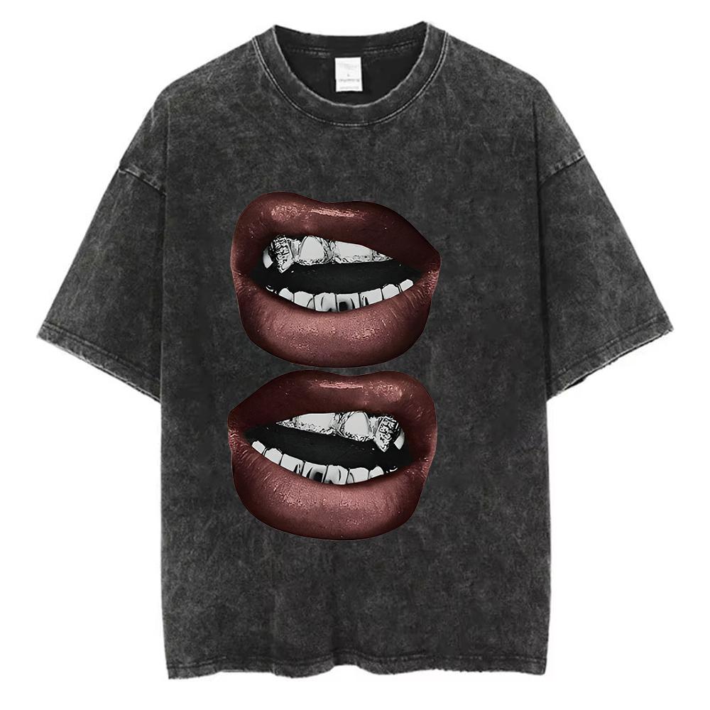 

Sexy Lips with Grillz Graphic TShirt Washed Cotton Men Women Vintage Acid Wash Retro Streetwear Trendy Short Sleeve New 2XL