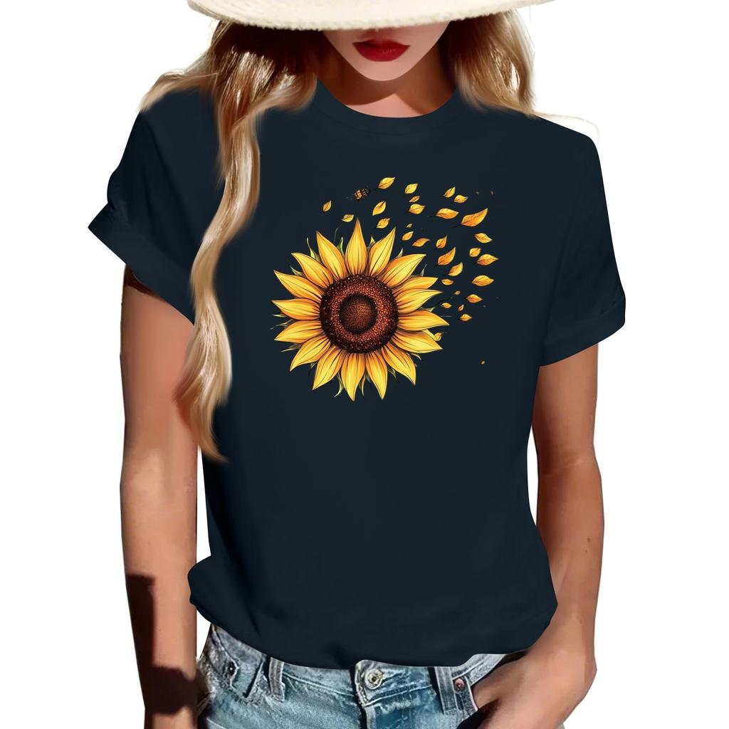 Damen Modisches Rundhals Casual Retro Print Kurzarm T-Shirt Top