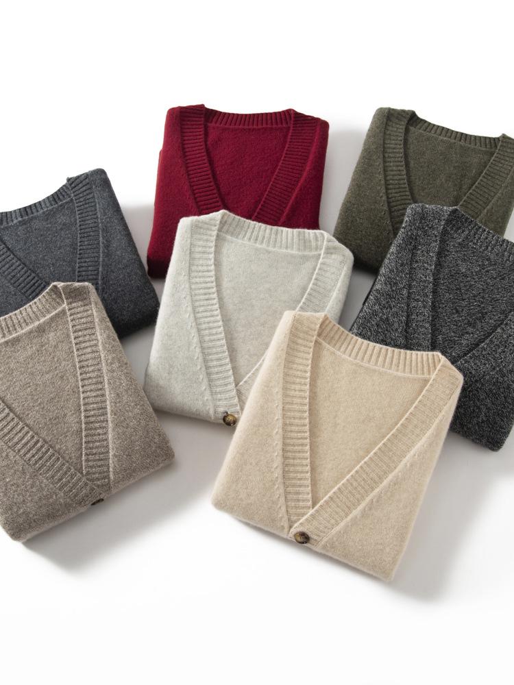 Women's Minimalist V-Neck Cashmere Cardigan - Buttoned, Thick, Wool Sweater Coat