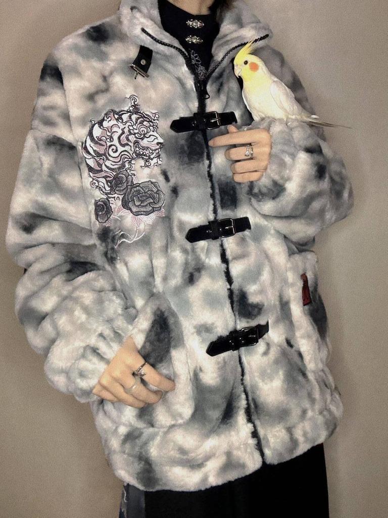 Dark Style Sheyin Faux Rabbit Fur Coat - Quirky Embroidered Stand-Up Collar for Autumn/Winter
