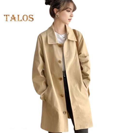 Damenjacke mit Umlegekragen, langen Ärmeln, geknöpfter Windbreaker, weite Taschen, mittlere Länge, Outdoor-Reise-/Pendlermantel