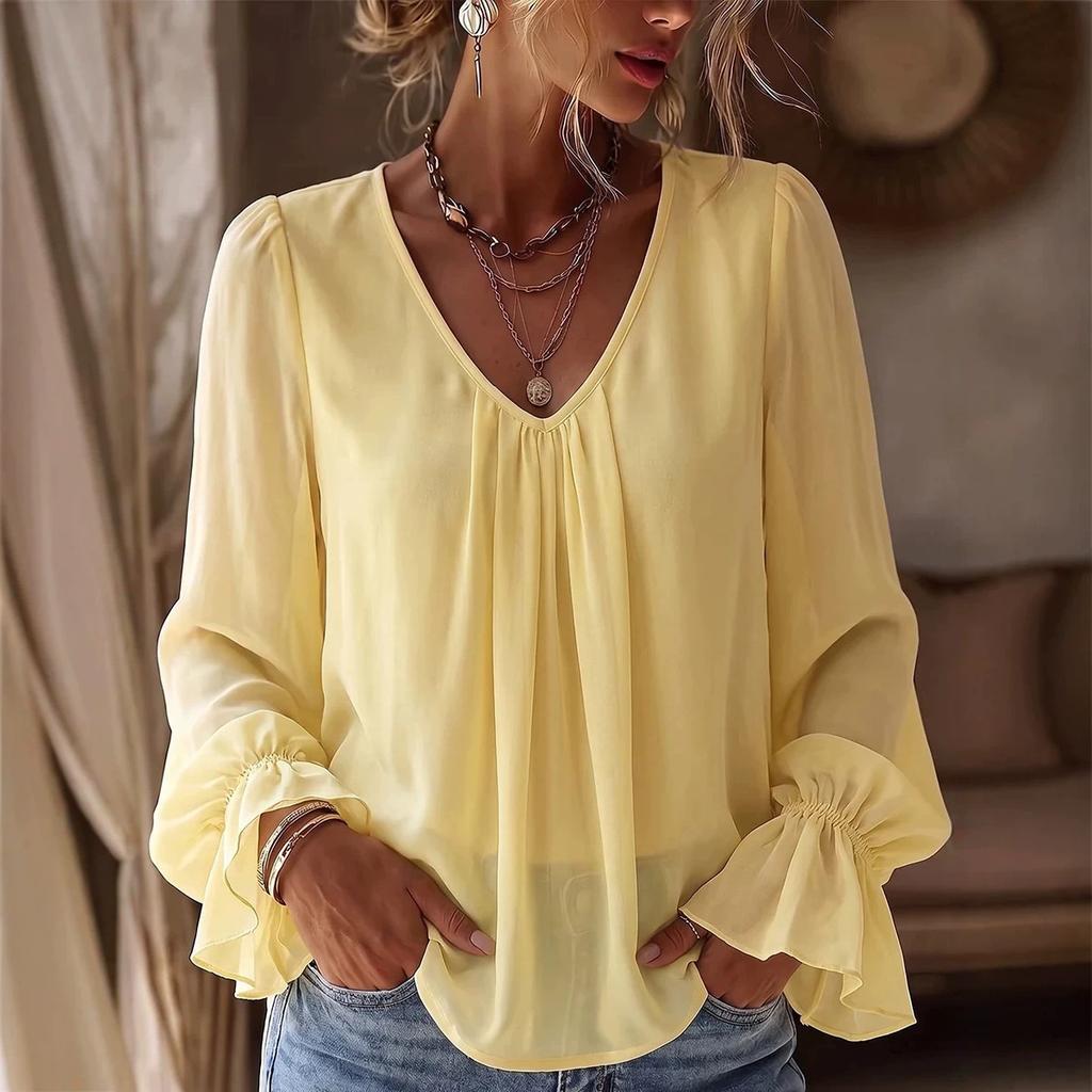 Women S V Neck Loose Fit Solid Color Long Sleeve Shirt