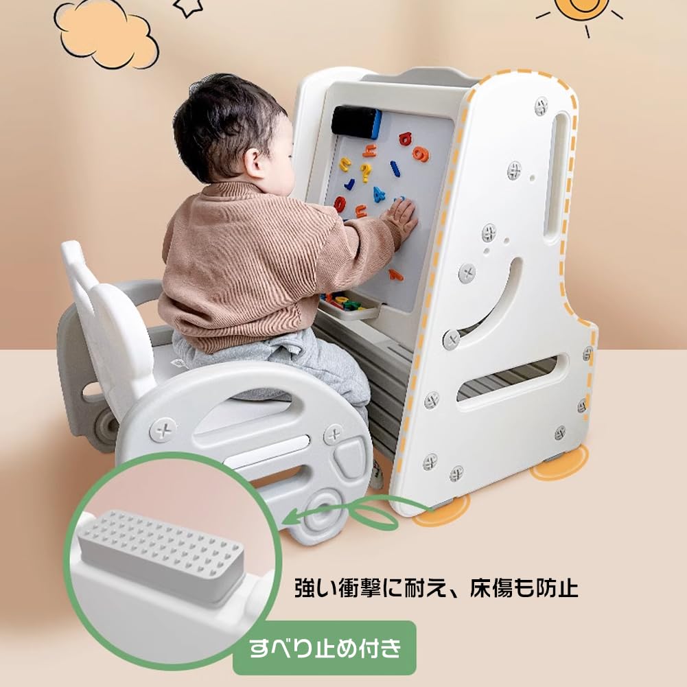 Jumei Drawing Board Kids Desk with Easel Large Table Chair Picture Book Shelf Educational Desk with Storage Stylish Lightweight Compact Picture Book