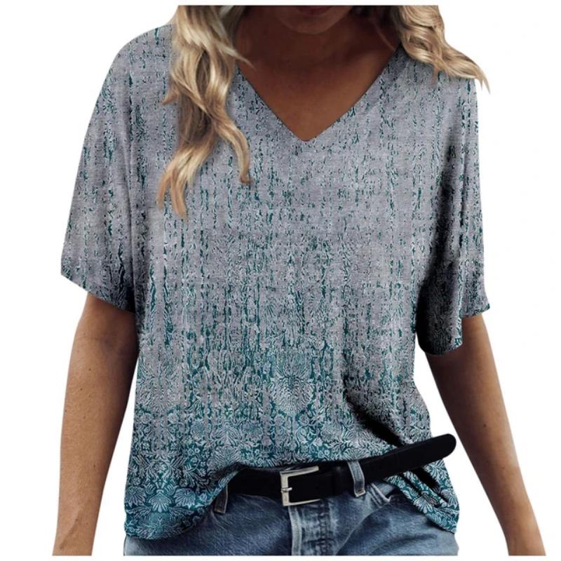 2024 Retro Women's V-Neck T-Shirt Short Sleeve Floral T-Shirt Casual Fashion Floral T-Shirt Street Korean Style Oversized Top