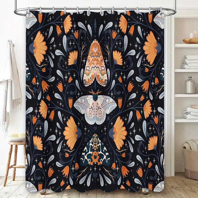 Moth Shower Curtain Botanical Forest Nature Decor Vintage Floral Bathroom Set Dark Academia Aesthetic Home Decor