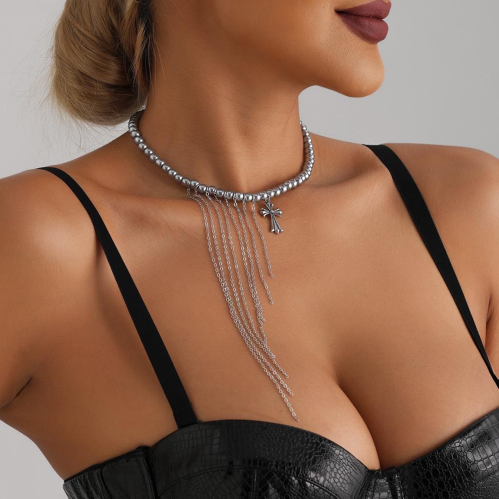 Colier cu cruce multi-franjuri, mărgele de sticlă premium, lucrat manual cu lanț de claviculă, dulce și răcoros, cu vânt