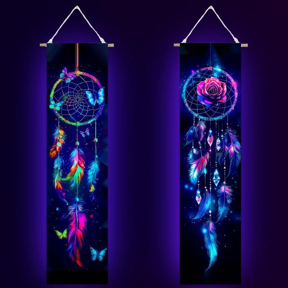 ACRNIGHEET 2 Pcs Black Light Tapestry Dream Catcher Trippy Blacklight Tapestry Art Wall Decor UV Reactive Blacklight Posters Aesthetic Room Wall