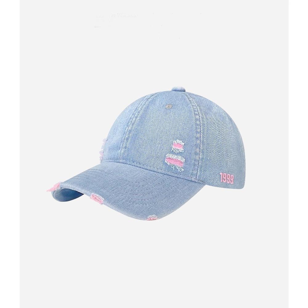 

Ретро однотонная джинсовая бейсболка для женщин с большим обхватом головы, визуально уменьшающая лицо, в стиле хип-хоп, рваная, для защиты от солнца Adjustable