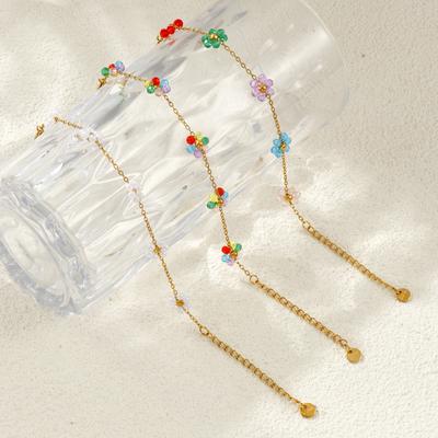 Sweet Cute 18K Gold Plated Multicolor 304 Stainless Steel Link Cable Chain Flower Beaded Bracelets For Women Gift15cm(5.9") Long
