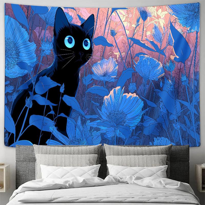 Black Cat Blue Flower Garden Wall Tapestry Machine Washable All Season Decor Art Print Kawaii Animal Design HomeElevate Space