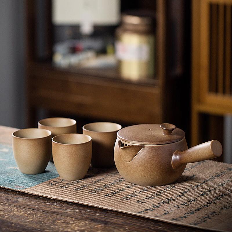 Suiyuan Retro Coarse Pottery Tea Set for Stove Brewing 500ml Pot + 4 Arc Cups