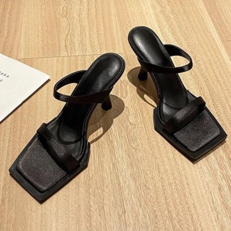 Fashion Summer New One-line Belt Square Toe Open-toe High-heeled Sandals Women's Fashion Wine Glass Heel Wide-sole Sandals