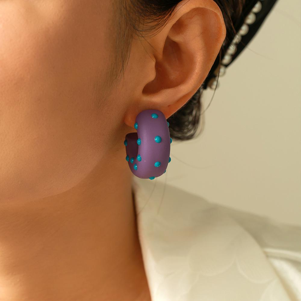 Eco-Friendly Resin Polka Dot C-Shaped Earrings - Trendy Pastoral Style with Stainless Steel, European & American Jewelry.