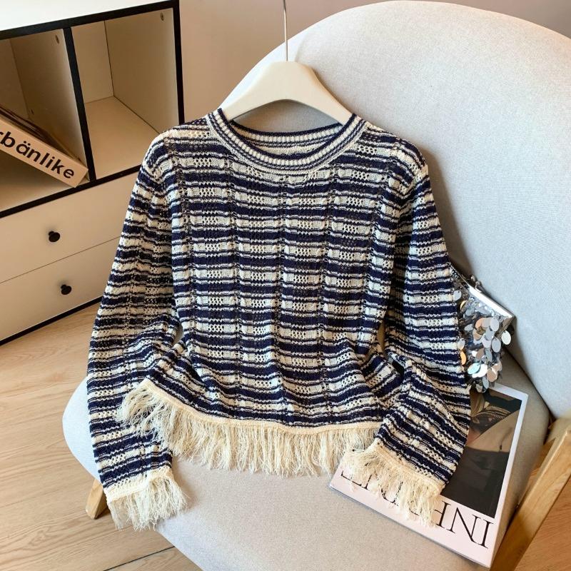 

Early autumn contrasting stripes hollow knitted sweater women s splicing rough edge loose sweater one size fits all тёмно-синий