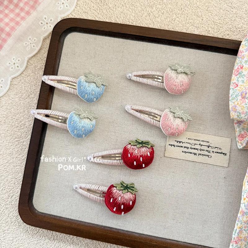 2pcs Retro Fashion Hair Clip for Kids Girl Kawaii Hair Pin Embroidery Sweet Strawberry Bang Side Clip Cute Hair Accessories