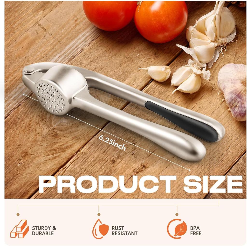 Kitchen Garlic Press Stainless Steel, Premium Rust Proof Dishwasher Safe Garlic Mincer, Durable Garlic Crusher Set with Peeler Brush, Easy To Clean