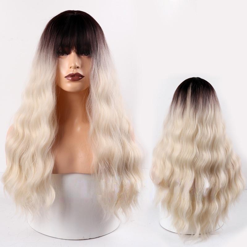 MISS WIG Ladies Fashion Natural Wavy Wig with Bangs Long Wavy Hair Wig for Women Daily Wear