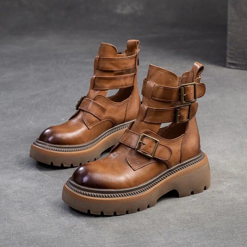 Johnature Römische Gladiator-Sandalen aus echtem Leder mit dicker Sohle, vielseitige modische Damenschuhe