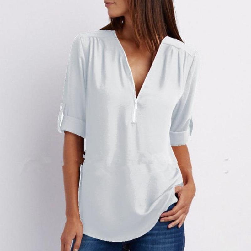 Camicia a maniche lunghe in chiffon con scollo a V e cerniera, taglie forti, da donna, con maniche regolabili