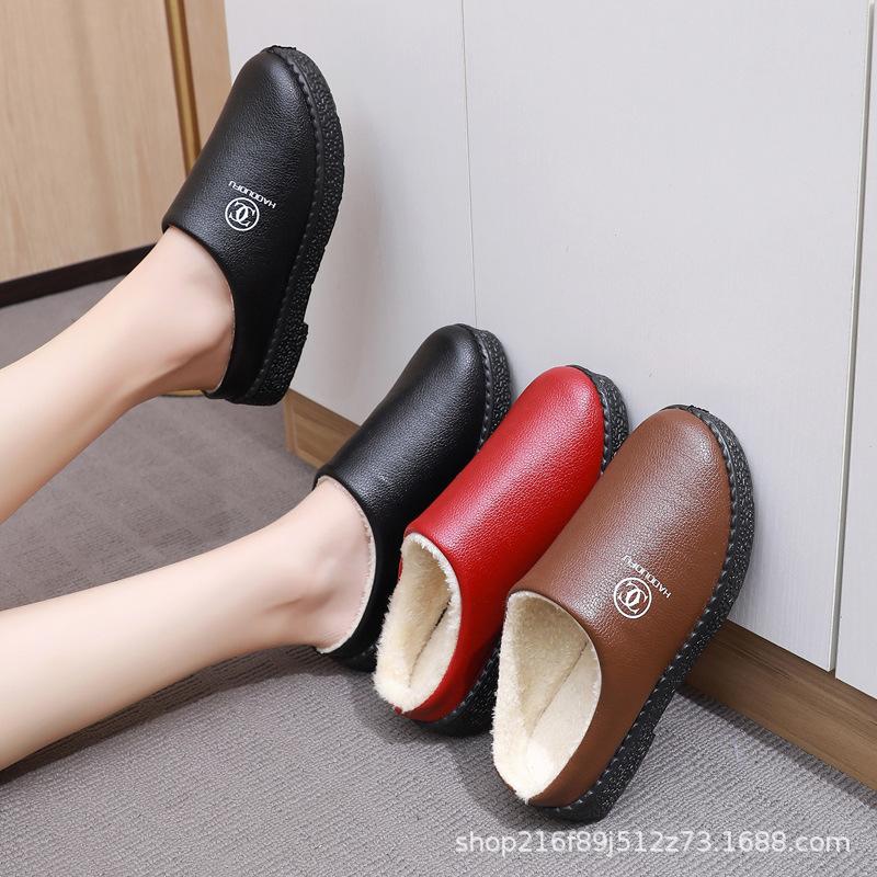 Waterproof cotton slippers winter home thick bottom non-slip cotton slippers indoor warm cotton mop new leather surface