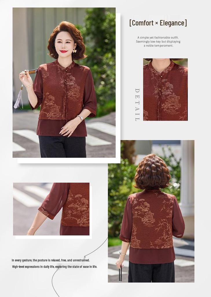 Chinese Style Summer Shirt & Loose Pants Set for Older Women
