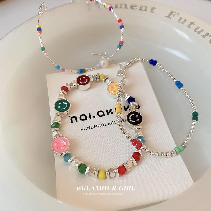 iF ME Colorful Bead Broken Silver Chain Bracelet for Women Artificial Pearls  Smiling Face Bracelets Jewelry Accessories