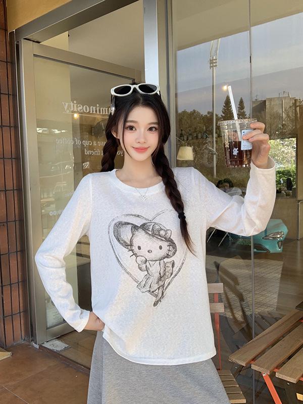 Spring 2026 Plus Size Women's Printed Long Sleeve Round Neck T-shirt