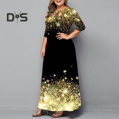 Women O Neck 3/4 Sleeve Maxi Dress Hollow Out Printing Loose Hem High Waist A Line Gown Long Dress Female Clothing