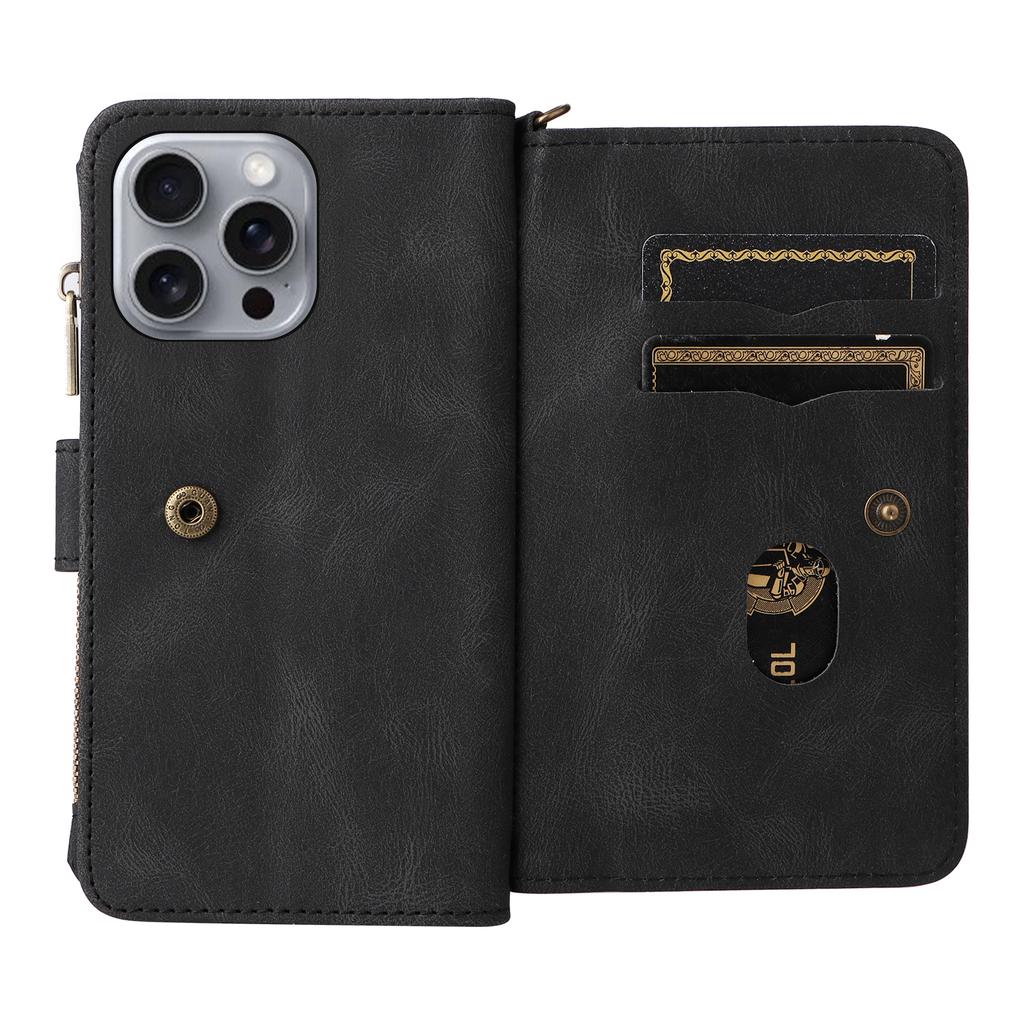 For iPhone 16 Pro Max Zipper Wallet Case with 15 Card Slots and Strap Leather Phone Cover