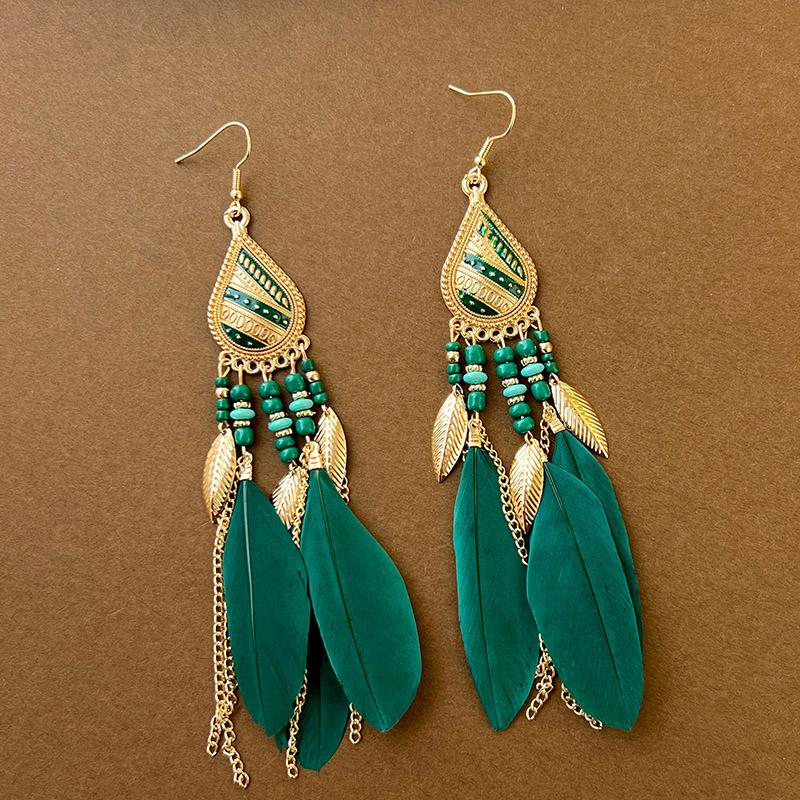 Green Natural Water Drop Feather Earrings for Women Vintage Boho Long Rhinestone Crystal Dangle Earring Vacation Jewelry