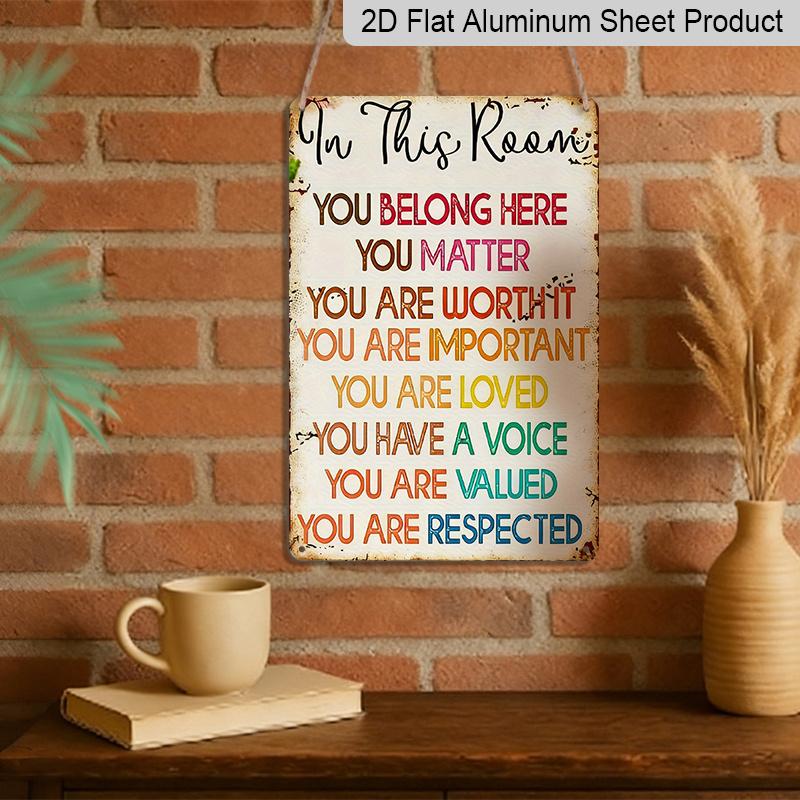 2D Flat, Vintage "You Belong in This Room" Rainbow Wall Decor - 12x8 Inch Aluminum Sign, Inspirational Slogan for Home & Classroom, Durable