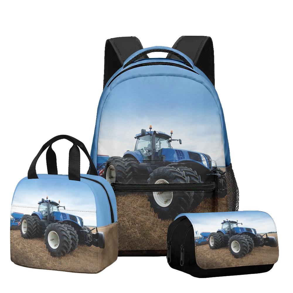 Classic Novelty Cool Tractor pattern 3D Printed 3pcs/Set Student School Bags Laptop Daypack Backpack Lunch bag Pencil Case