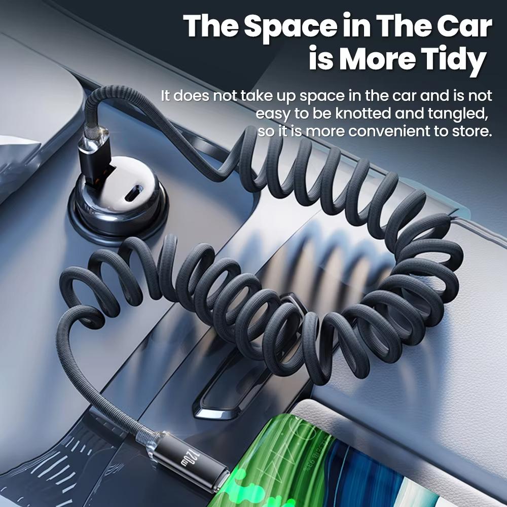 120W Car Type C to USB C Fast Charging For iPhone 17 16 USB A To Type C Spring Telescopic Cable For Samsung Xiaomi Huawei