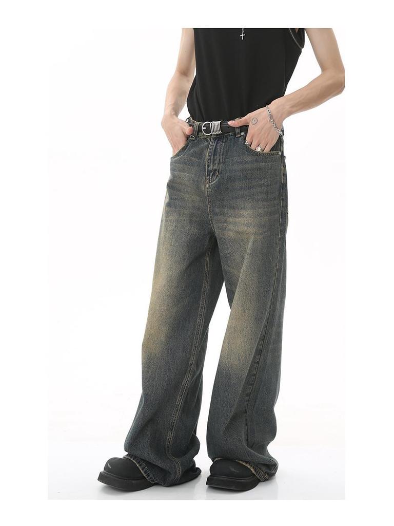 2024 Unisex Retro Hong Kong Style Wide-Leg Jeans - Blue, All-Season