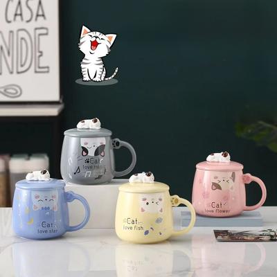 Creative Cute Cat Mug for Girls  High Looking Ceramic Water Cup with Lid and Spoon  Coffee Cup  Couple Cup for Home Use