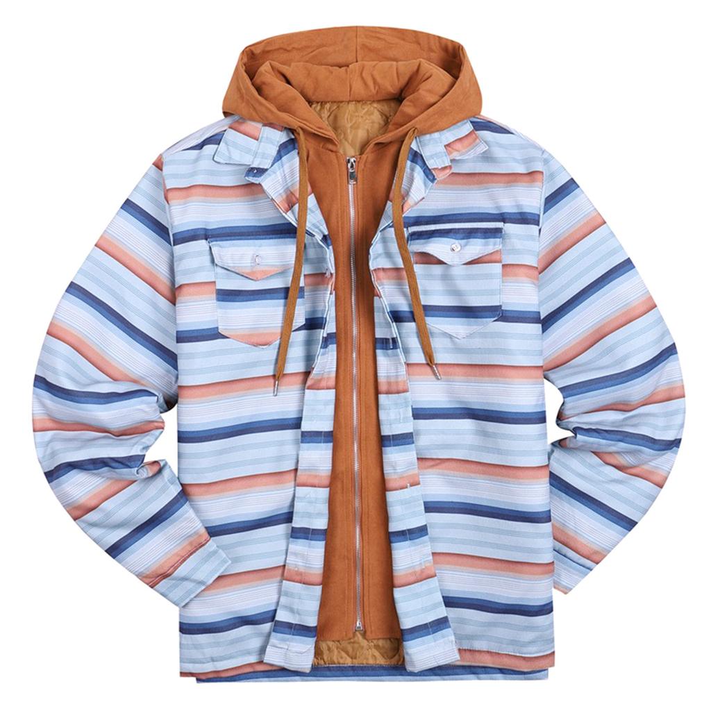 Pánská prošívaná podšitá kostkovaná košile se zapínáním na knoflíky a sametovou bundou s kapucí