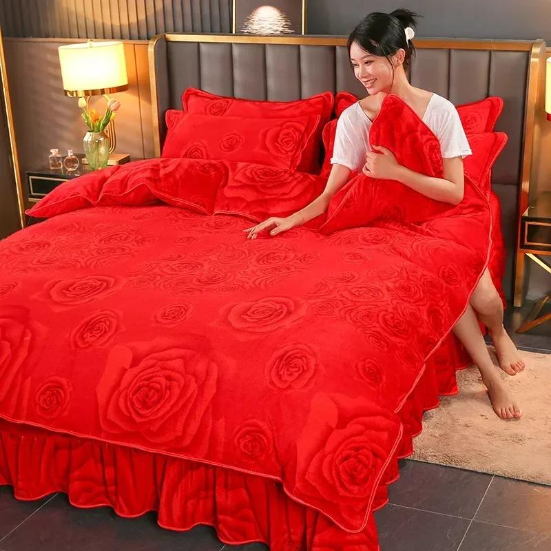 4pcs Double-sided Flannel Duvet Covers Milk Plush Bed Skirt Pillowcase Thicken Four Piece Set Bedding Article Three Piece Winter
