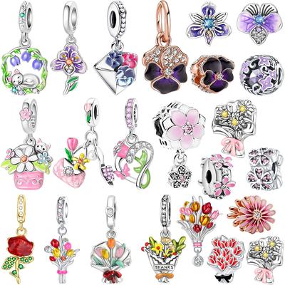 Copper Colorful Flower Charm Roses Tulip Daisies Bead Pendant Fit Original Necklace Bracelet Women Jewelry Diy Gift