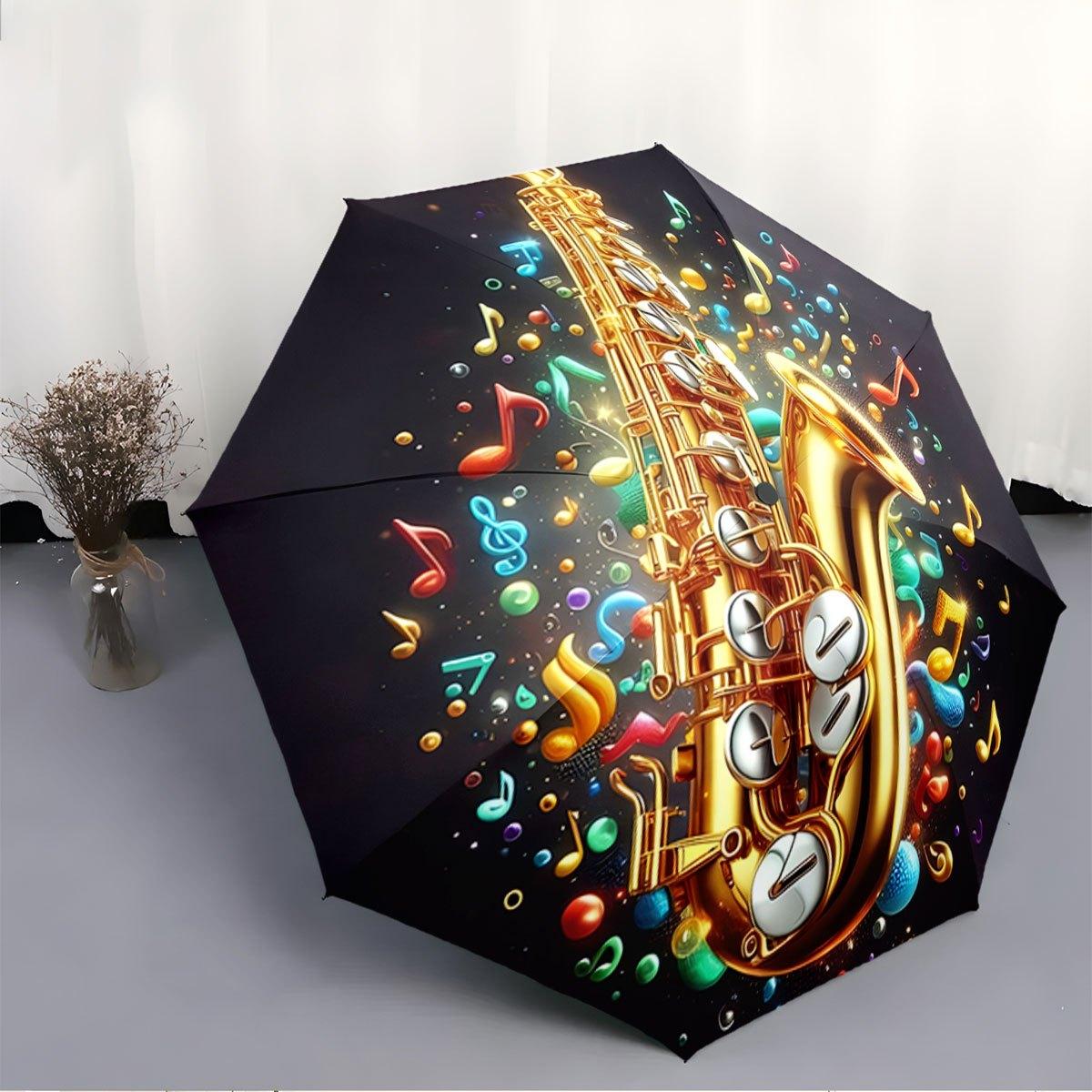 

Automatic Folding Umbrella Saxophone with colorful musical notes. Portable collapsible design, casual outdoor accessory, for a Iron&8K