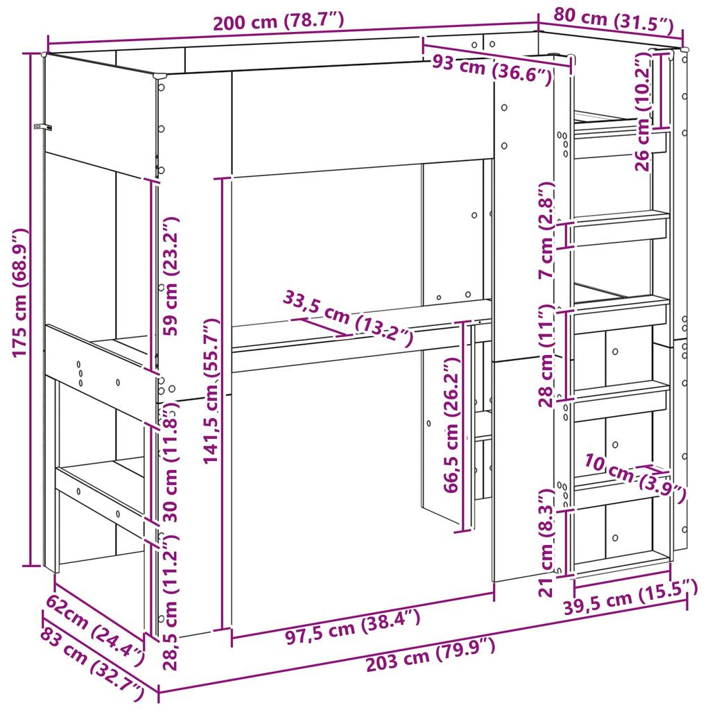 Loft Style Bunk Bed Frame with Desk Reclaimed Wood Look 31.5 x 78.7 (80 x 200 cm)
