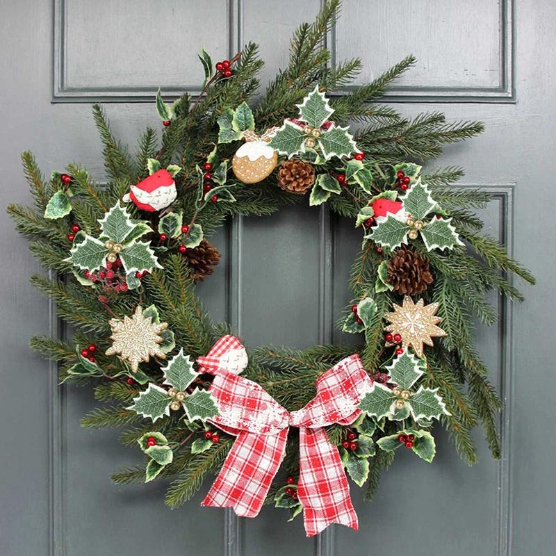 

1 шт. Рождественские ягоды падуба с зелеными листьями, венок своими руками, искусственные растения, красные ягоды для украшения рождественской елки на Новый год 1pcs