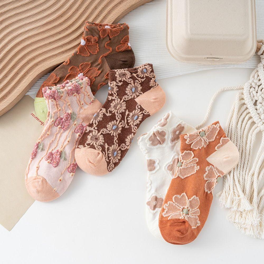 

5 пар тонких квіткових гольфів у рубчик, шкарпетки з квітковим візерунком, милі шкарпетки, жіночі, дівочі, шкарпетки до середини ікри, весна, літо Short Style