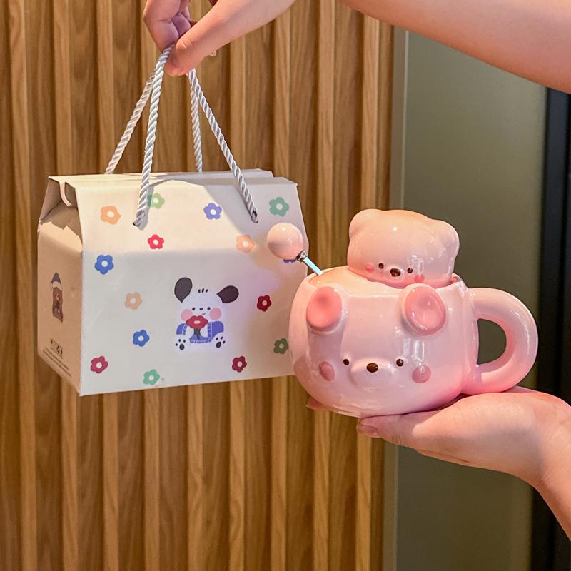 Cute Cream Bear Cup, Girls Ceramic Mug, High-value Souvenir, Practical Birthday Gift for Girlfriends