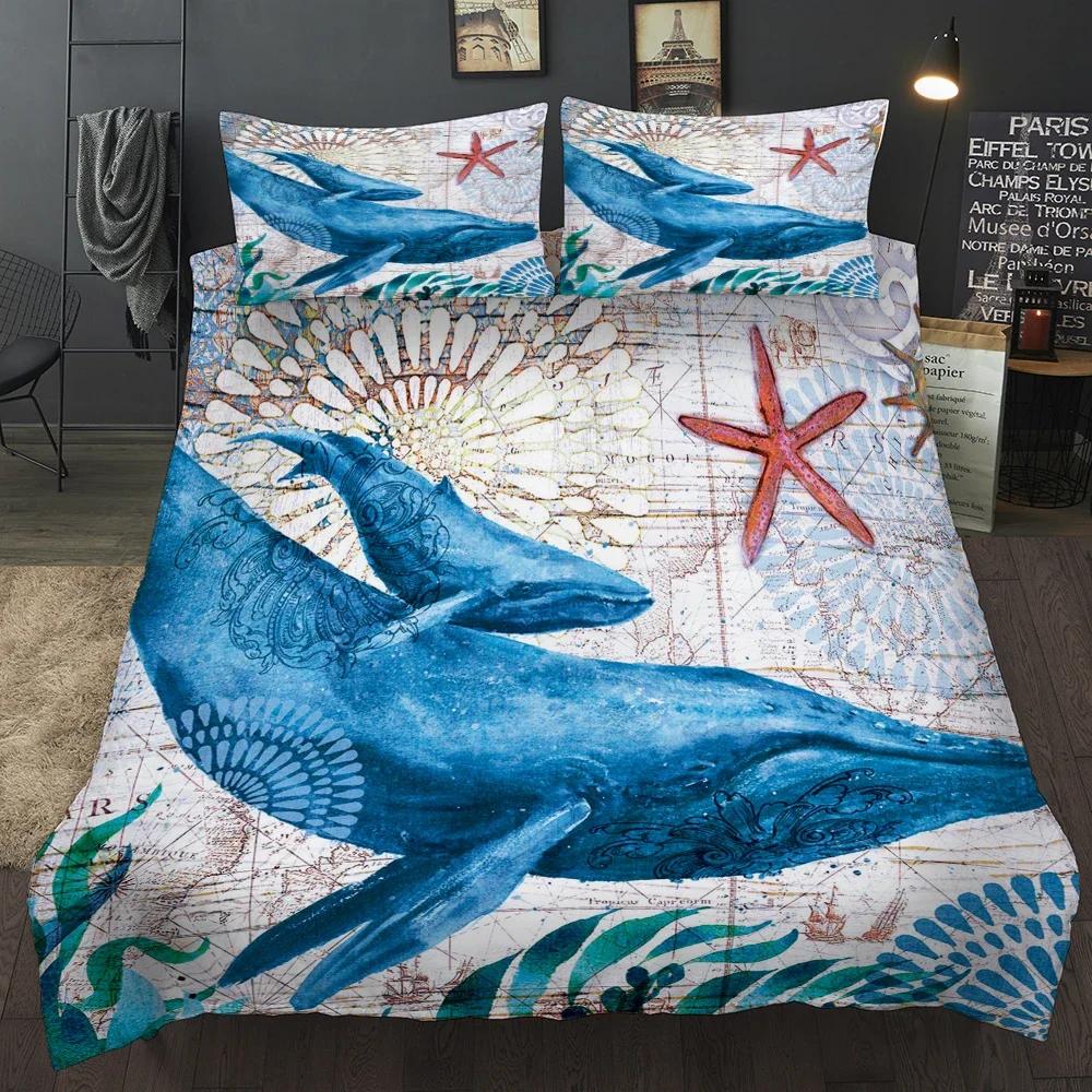 Comforter 3D Starfishseaweed +Pillow Case Print Octopus Winter Home Bedding Set King Size Breathable Set Blue Aq