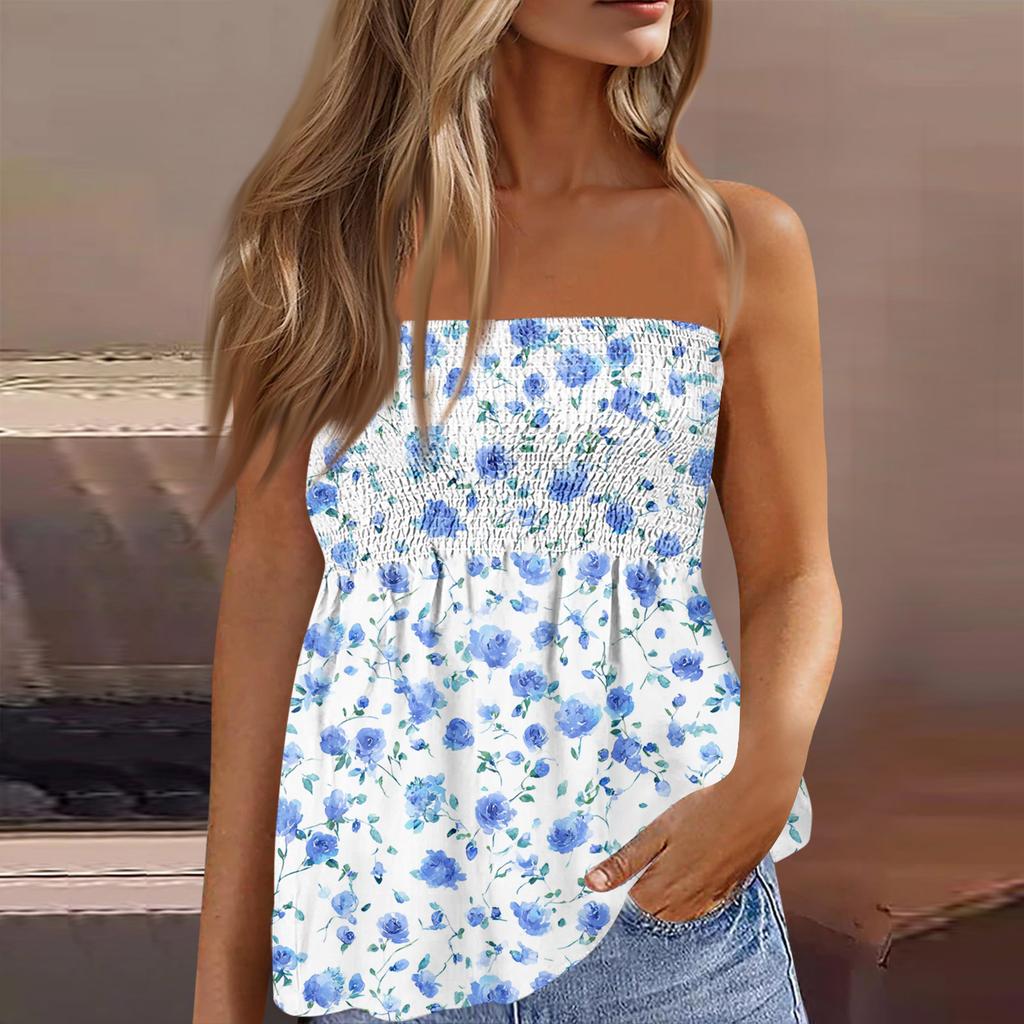 Women's Fashionable And Sexy Backless Elastic Floral Print Strapless Slimming T-shirt Top
