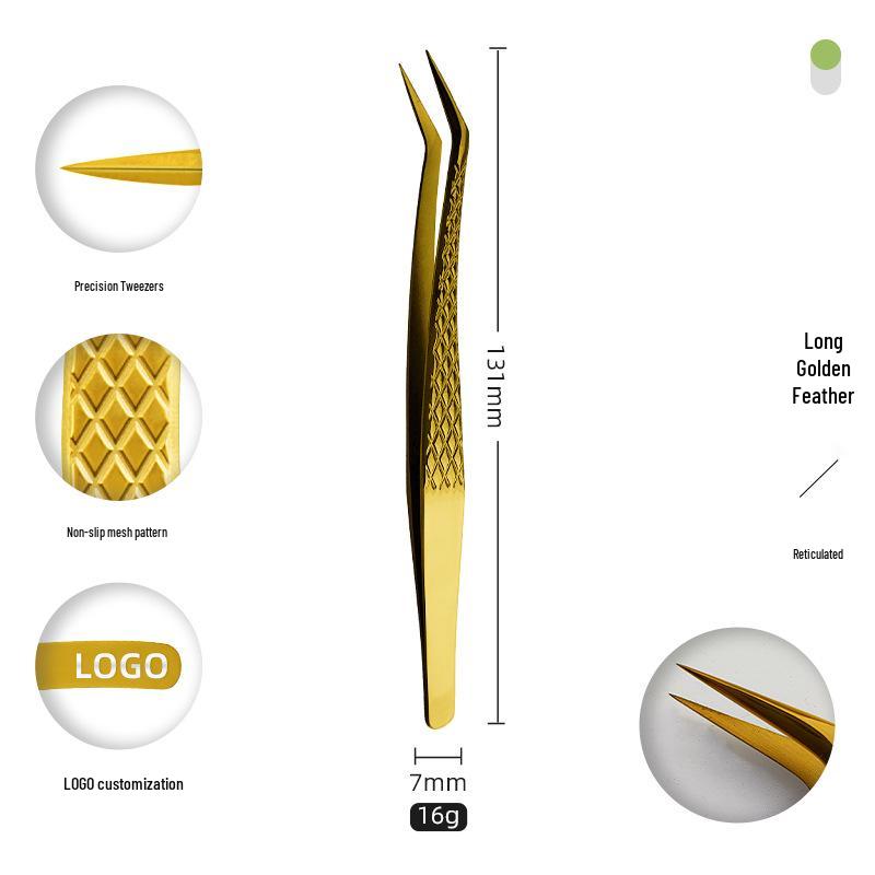 Golden Feather Stainless Steel Eyelash Tweezers for Grafting and Extensions