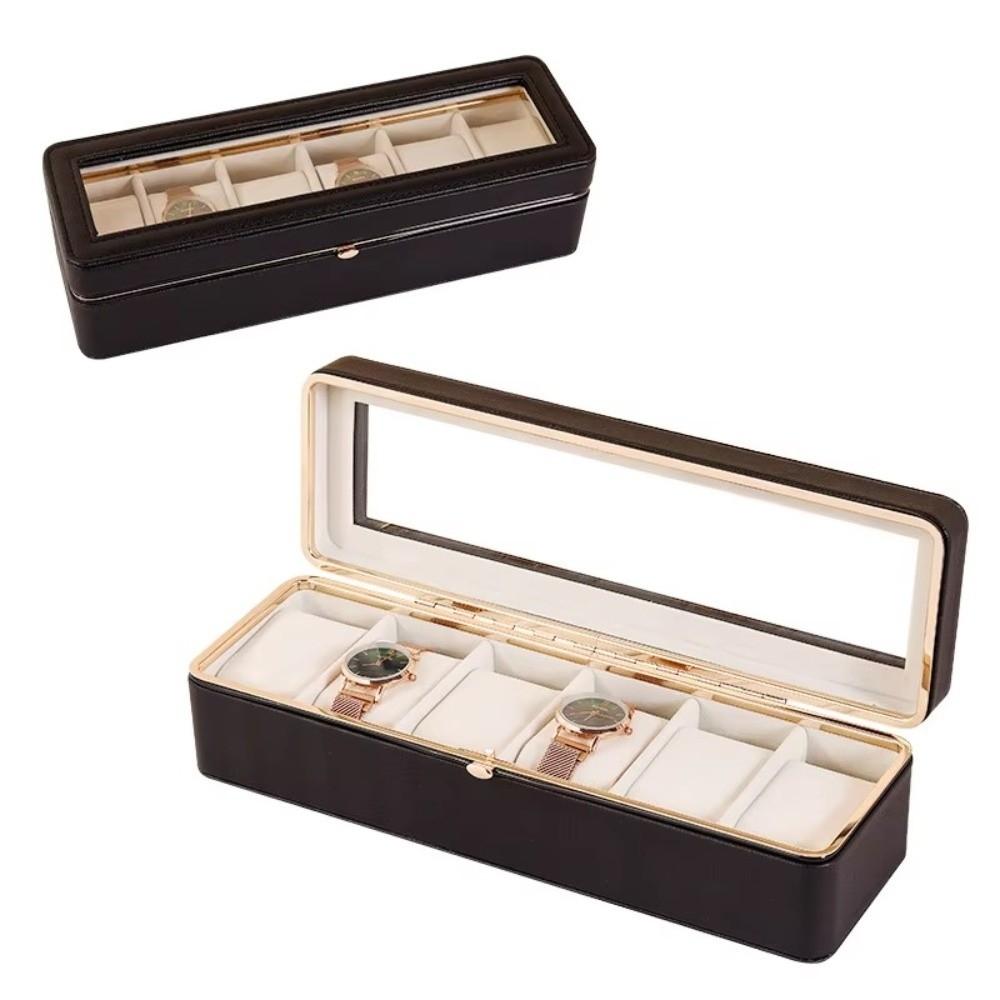 New PU Leather Watch Storage Box Clear Window 6 Slots Watch Organizer Case Soft Interior Transparent Lid Watch Bracket