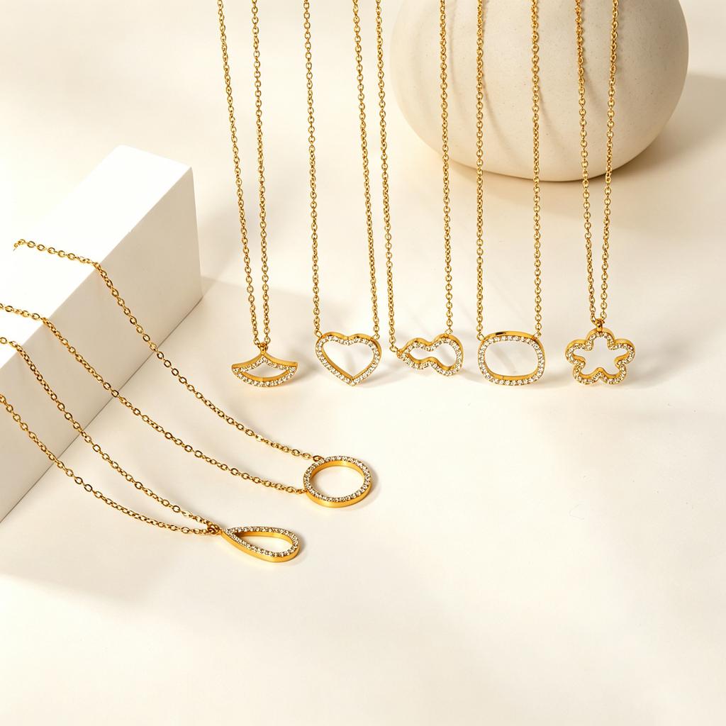 Jewelry Hollow Water Drop Belt Zircon Necklace Niche Premium Love Circle Earrings Stainless Steel Gold Plated Necklace