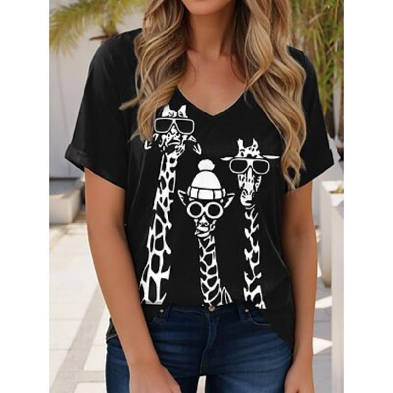 

Женская футболка с графическим рисунком жирафа, элегантная, винтажная, повседневная, с коротким рукавом, с V-образным вырезом, обычная, с принтом, лето 2XL
